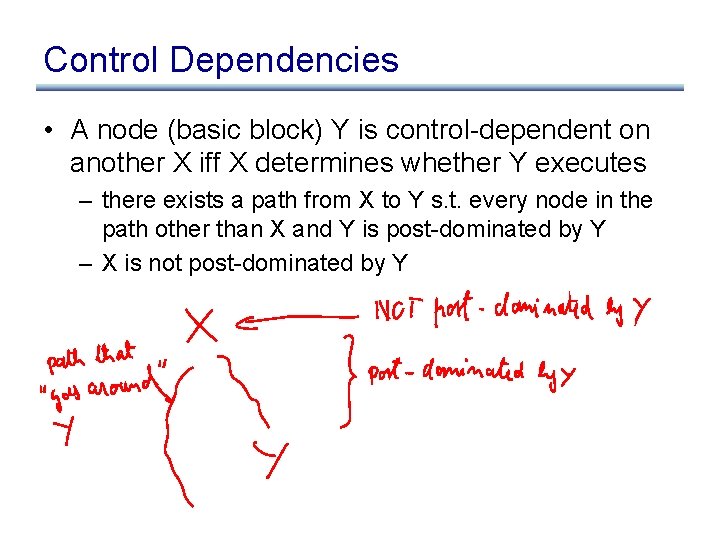 Control Dependencies • A node (basic block) Y is control-dependent on another X iff