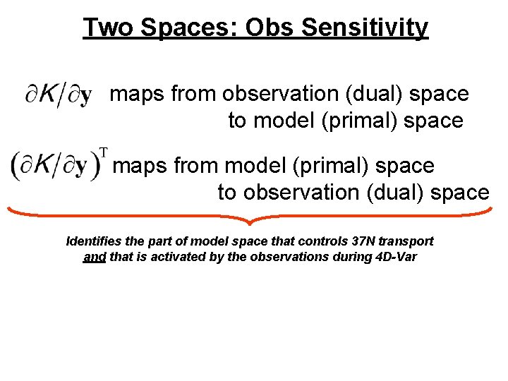 Two Spaces: Obs Sensitivity maps from observation (dual) space to model (primal) space maps