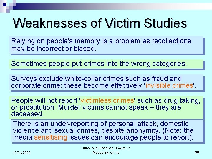 Weaknesses of Victim Studies Relying on people's memory is a problem as recollections may