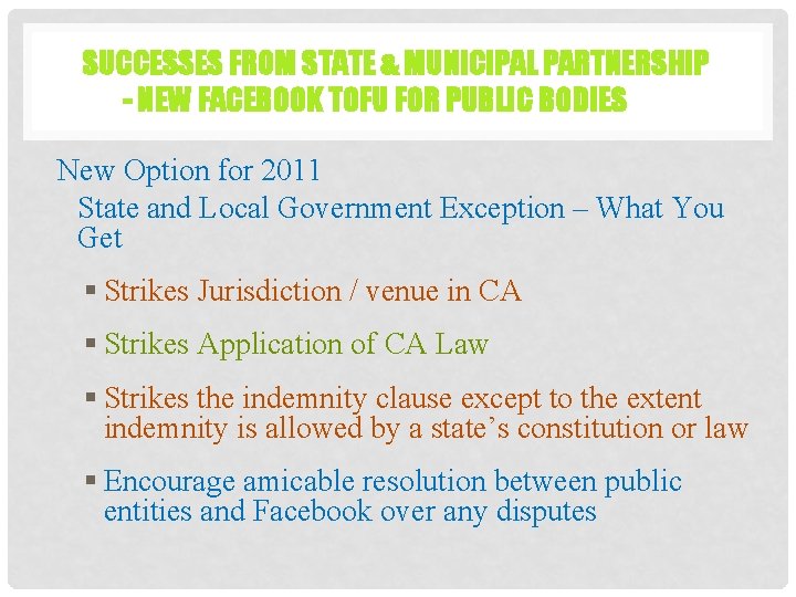 SUCCESSES FROM STATE & MUNICIPAL PARTNERSHIP - NEW FACEBOOK TOFU FOR PUBLIC BODIES New
