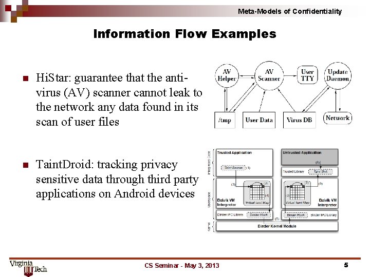 Meta-Models of Confidentiality Information Flow Examples n Hi. Star: guarantee that the antivirus (AV)