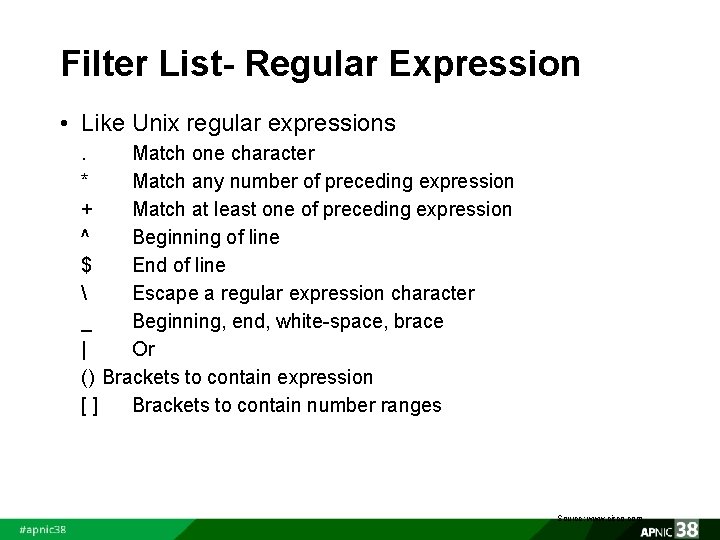 Filter List- Regular Expression • Like Unix regular expressions Match one character * Match