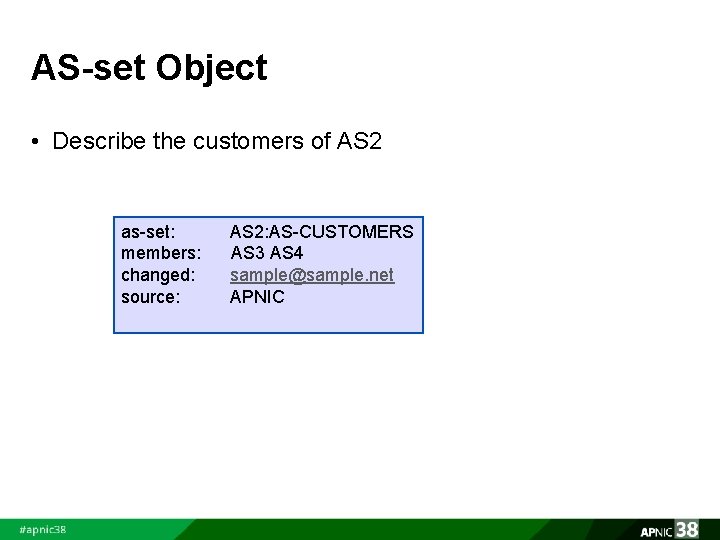 AS-set Object • Describe the customers of AS 2 as-set: AS 2: AS-CUSTOMERS members: