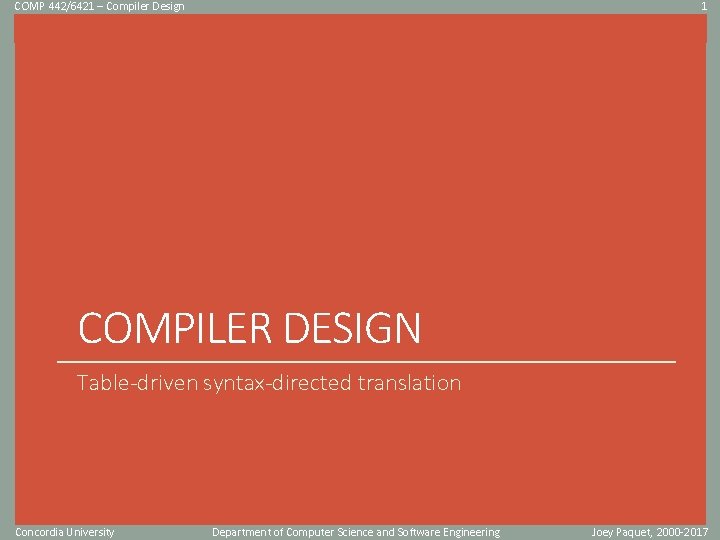 COMP 442/6421 – Compiler Design 1 Click to edit Master title style COMPILER DESIGN COMP 442/6421 – Compiler Design 1 Click to edit Master title style COMPILER DESIGN