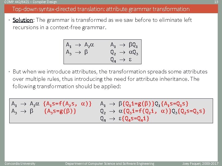 COMP 442/6421 – Compiler Design 13 Top-down syntax-directed translation: attribute grammar transformation • Solution: COMP 442/6421 – Compiler Design 13 Top-down syntax-directed translation: attribute grammar transformation • Solution: