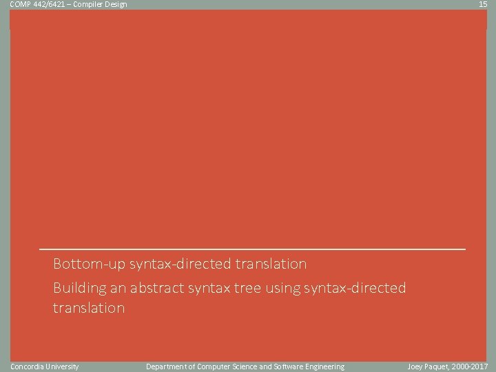 COMP 442/6421 – Compiler Design 15 Click to edit Master title style Bottom-up syntax-directed COMP 442/6421 – Compiler Design 15 Click to edit Master title style Bottom-up syntax-directed