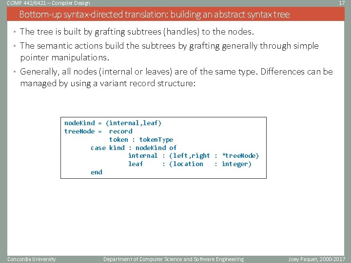 COMP 442/6421 – Compiler Design 17 Bottom-up syntax-directed translation: building an abstract syntax tree COMP 442/6421 – Compiler Design 17 Bottom-up syntax-directed translation: building an abstract syntax tree