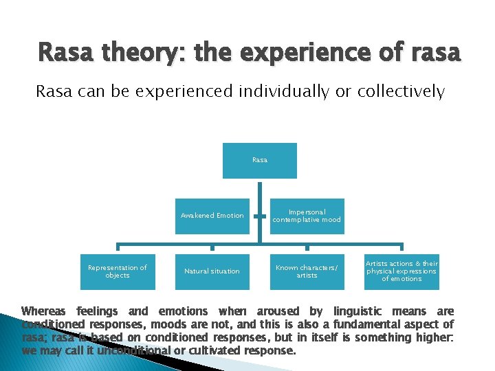 Rasa theory: the experience of rasa Rasa can be experienced individually or collectively Rasa