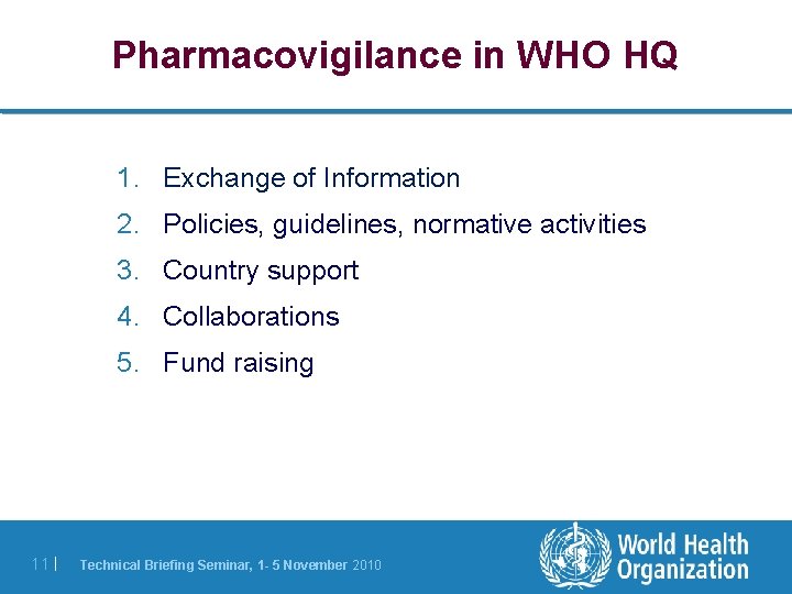 Pharmacovigilance in WHO HQ 1. Exchange of Information 2. Policies, guidelines, normative activities 3. Pharmacovigilance in WHO HQ 1. Exchange of Information 2. Policies, guidelines, normative activities 3.