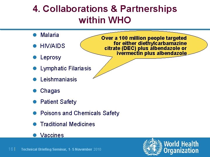 4. Collaborations & Partnerships within WHO l Malaria l HIV/AIDS l Leprosy Over a 4. Collaborations & Partnerships within WHO l Malaria l HIV/AIDS l Leprosy Over a