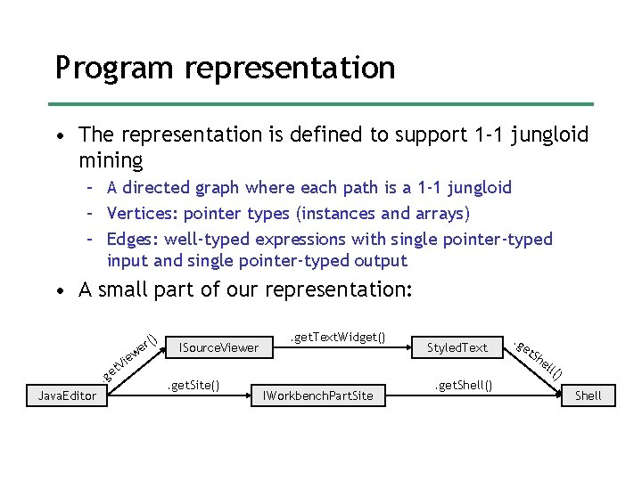 Program representation • The representation is defined to support 1 -1 jungloid mining –