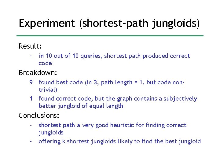 Experiment (shortest-path jungloids) Result: – in 10 out of 10 queries, shortest path produced