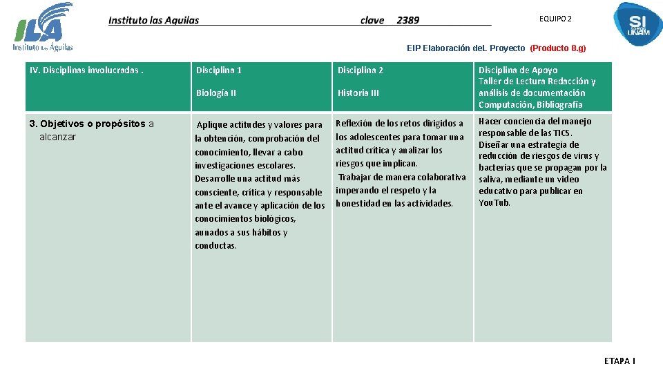 EQUIPO 2 EIP Elaboración de. L Proyecto (Producto 8. g) IV. Disciplinas involucradas. Disciplina