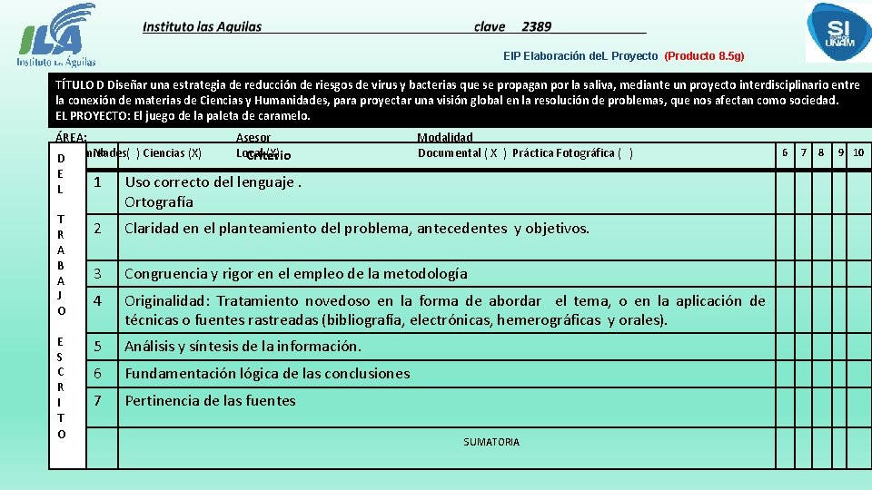 EIP Elaboración de. L Proyecto (Producto 8. 5 g) TÍTULO D Diseñar una estrategia