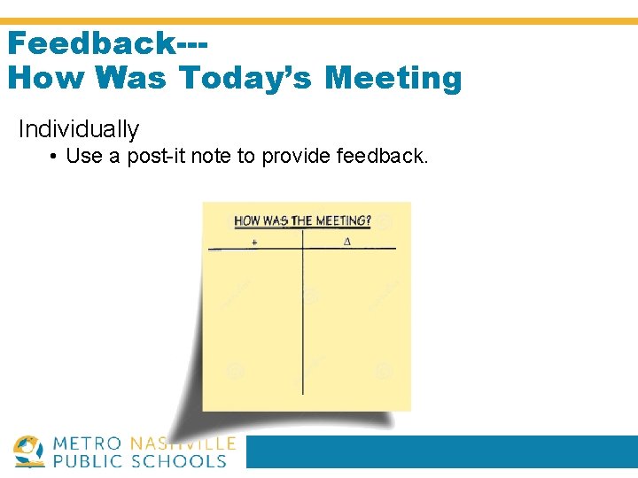 Feedback--How Was Today’s Meeting Individually • Use a post-it note to provide feedback. 