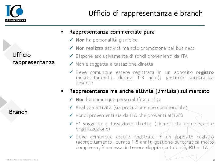 Ufficio di rappresentanza e branch § Rappresentanza commerciale pura ü Non ha personalità giuridica