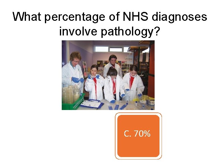 What percentage of NHS diagnoses involve pathology? A. 10% B. 40% C. 70% D.