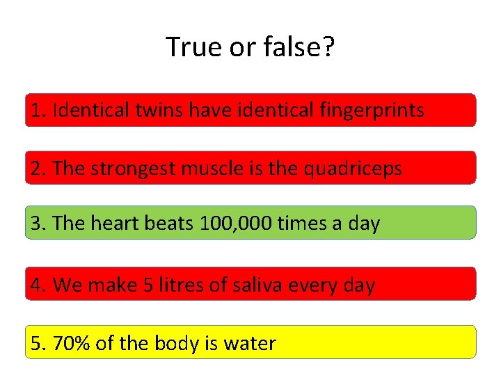 True or false? 1. Identical twins have identical fingerprints 2. The strongest muscle is