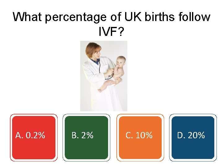 What percentage of UK births follow IVF? A. 0. 2% B. 2% C. 10%
