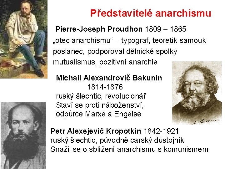 Představitelé anarchismu Pierre-Joseph Proudhon 1809 – 1865 „otec anarchismu“ – typograf, teoretik-samouk poslanec, podporoval