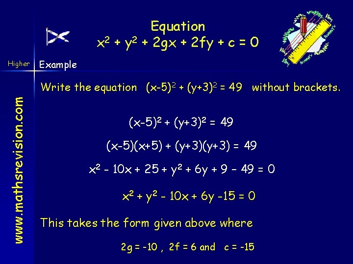 Equation x 2 + y 2 + 2 gx + 2 fy + c