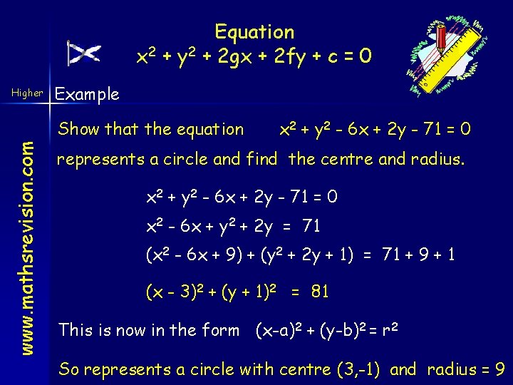 Equation x 2 + y 2 + 2 gx + 2 fy + c