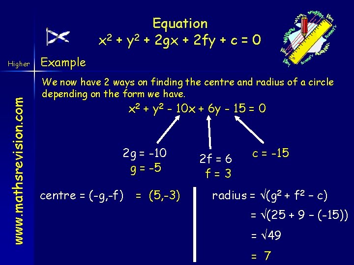 Equation x 2 + y 2 + 2 gx + 2 fy + c