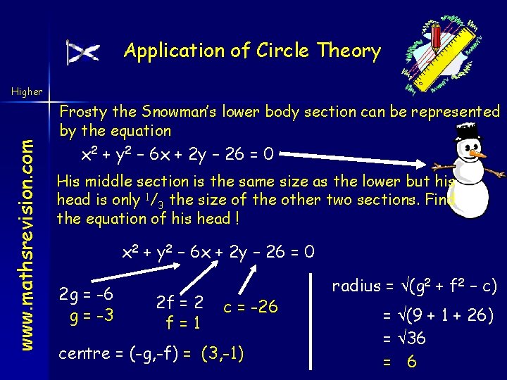 Application of Circle Theory www. mathsrevision. com Higher Frosty the Snowman’s lower body section