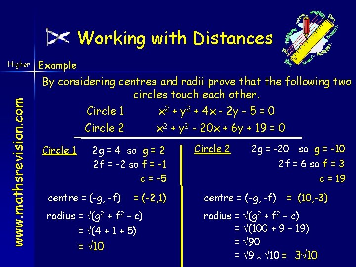 Working with Distances www. mathsrevision. com Higher Example By considering centres and radii prove