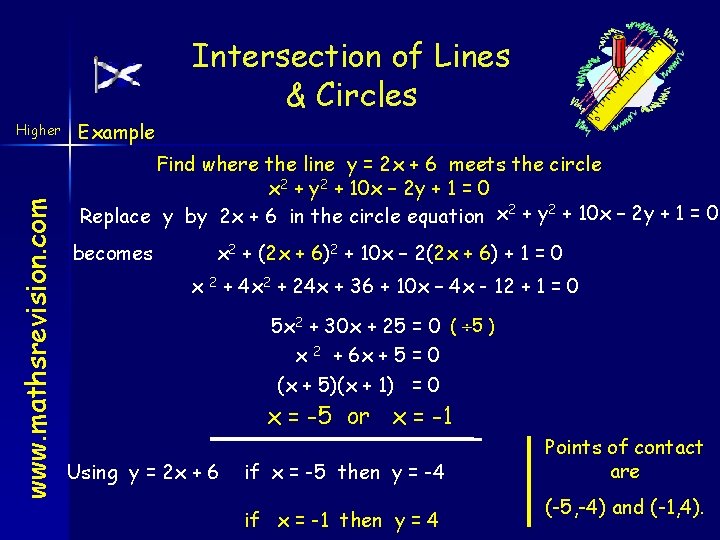 Intersection of Lines & Circles www. mathsrevision. com Higher Example Find where the line