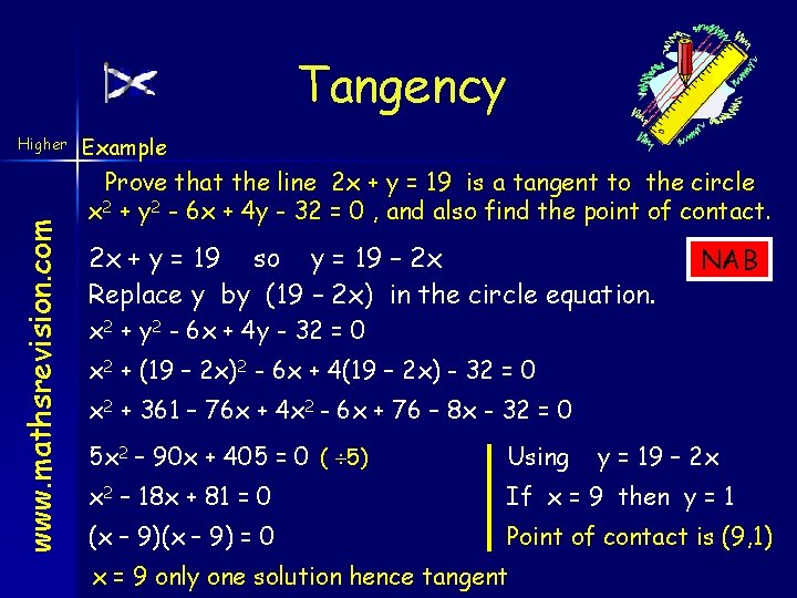 Tangency www. mathsrevision. com Higher Example Prove that the line 2 x + y