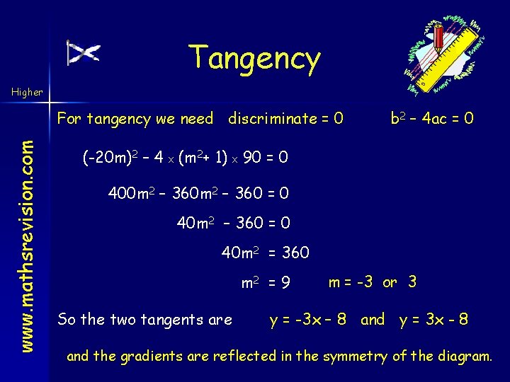 Tangency Higher www. mathsrevision. com For tangency we need discriminate = 0 b 2