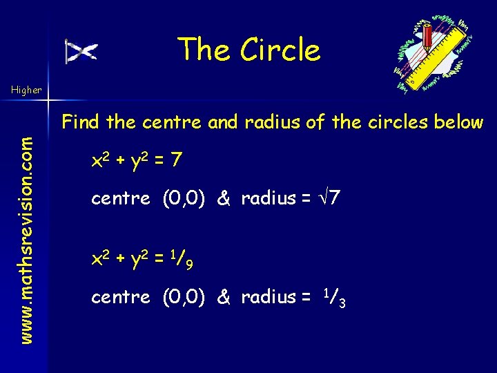 The Circle Higher www. mathsrevision. com Find the centre and radius of the circles