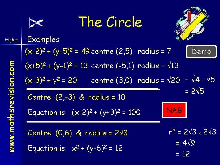 The Circle Higher Examples www. mathsrevision. com (x-2)2 + (y-5)2 = 49 centre (2,