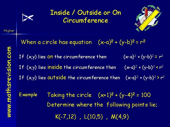 Inside / Outside or On Circumference Higher www. mathsrevision. com When a circle has