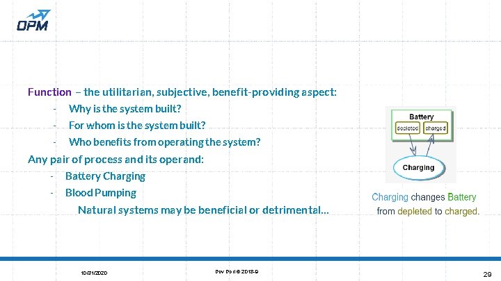 Function – the utilitarian, subjective, benefit-providing aspect: - Why is the system built? -