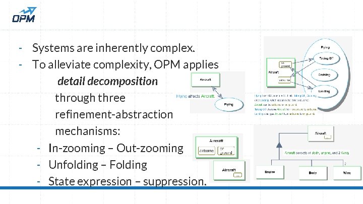 - Systems are inherently complex. - To alleviate complexity, OPM applies detail decomposition through
