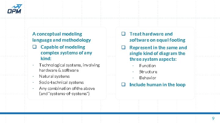 A conceptual modeling language and methodology q Capable of modeling complex systems of any