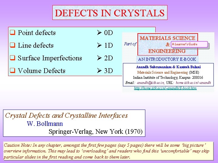 DEFECTS IN CRYSTALS q Point defects 0 D q Line defects 1 D q