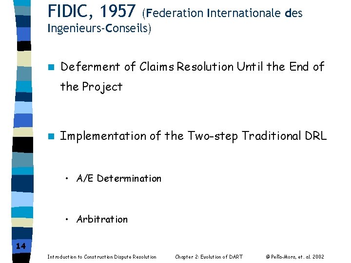FIDIC, 1957 (Federation Internationale des Ingenieurs-Conseils) n Deferment of Claims Resolution Until the End