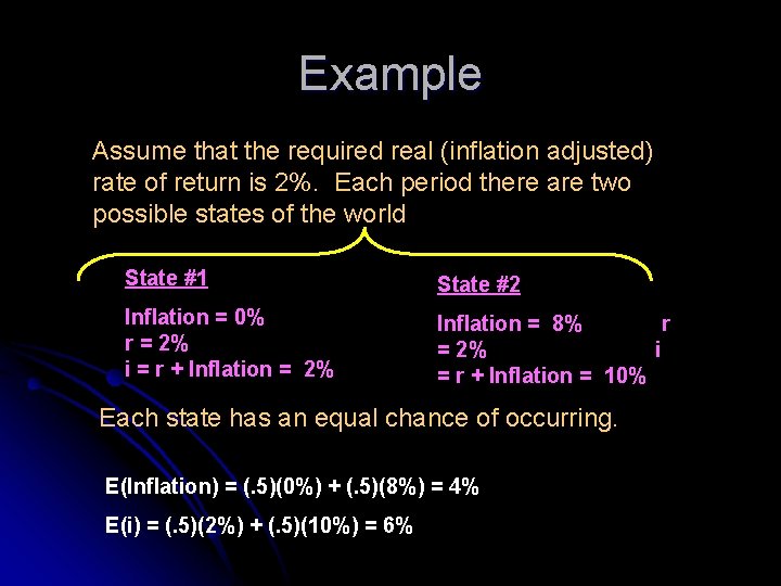 Example Assume that the required real (inflation adjusted) rate of return is 2%. Each