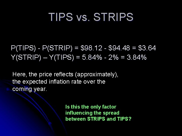 TIPS vs. STRIPS P(TIPS) - P(STRIP) = $98. 12 - $94. 48 = $3.