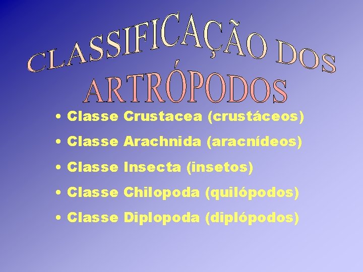 • Classe Crustacea (crustáceos) • Classe Arachnida (aracnídeos) • Classe Insecta (insetos) • • Classe Crustacea (crustáceos) • Classe Arachnida (aracnídeos) • Classe Insecta (insetos) •