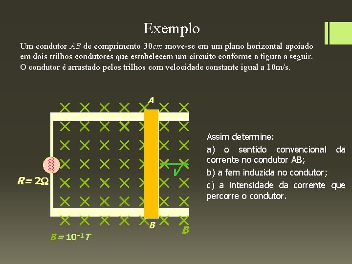 Exemplo Um condutor AB de comprimento 30 cm move-se em um plano horizontal apoiado