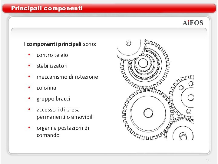 Principali componenti I componenti principali sono: • contro telaio • stabilizzatori • meccanismo di