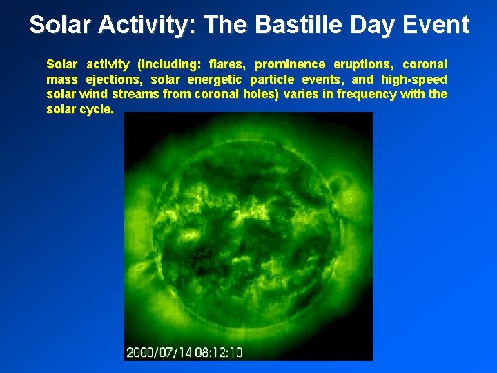 Solar Activity: The Bastille Day Event Solar activity (including: flares, prominence eruptions, coronal mass