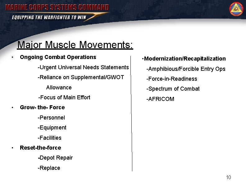 Major Muscle Movements: • Ongoing Combat Operations -Urgent Universal Needs Statements -Amphibious/Forcible Entry Ops