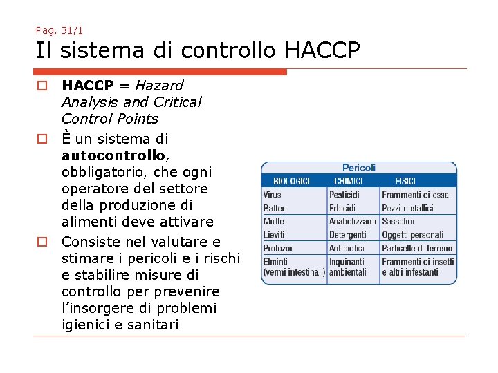 Pag. 31/1 Il sistema di controllo HACCP = Hazard Analysis and Critical Control Points