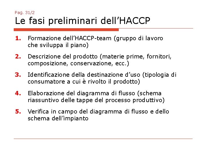 Pag. 31/2 Le fasi preliminari dell’HACCP 1. Formazione dell’HACCP-team (gruppo di lavoro che sviluppa