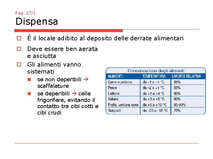 Pag. 27/1 Dispensa o È il locale adibito al deposito delle derrate alimentari o